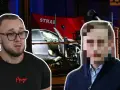 Mężczyzna w okularach i z tatuażami na szyi obok zniszczonego auta i strażaków. Scena sugeruje wypadek, za który można dostać dożywocie.