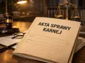 Akta sprawy karnej na biurku prawnika, obok młotka sędziowskiego i okularów. Może to być sprawa, która zakończy się warunkowym umorzeniem postępowania.