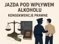 Policjant prowadzi pijanego kierowcę. W tle waga sprawiedliwości, kodeksy i butelka. Konsekwencje prawne jazdy pod wpływem alkoholu, art. 178a kk.