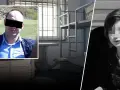 Mężczyzna w kratkę i dziecko w czarnej koszulce. W tle cela więzienna z łóżkiem piętrowym i kratami.