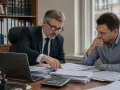 Prawnik w garniturze tłumaczy klientowi paragraf 271a kk, wskazując na dokumenty. Klient zamyślony słucha.