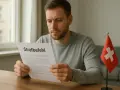 Mężczyzna czyta dokument "Strafbefehl", który może oznaczać karę grzywny. Obok stoi flaga Szwajcarii.