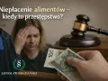 Niepłacenie alimentów może być przestępstwem z art. 209 par. 1 kk. Sądowy młotek, szaty prawnicze i pieniądze symbolizują konsekwencje prawne.