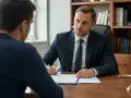Prawnik omawia z klientem dokumenty dotyczące podjęcia warunkowo umorzonego postępowania. Na biurku waga sprawiedliwości.