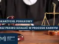 Oskarżyciel posiłkowy ma prawo działać w procesie karnym. Widoczny młotek sędziowski i waga sprawiedliwości symbolizują prawo.