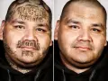 Dwa portrety tego samego mężczyzny. Po lewej widoczne są więzienne tatuaże na twarzy, w tym "RASSIN GANG" na czole i "BRANUS PBS" na policzkach. Po prawej mężczyzna ma czystą skórę.