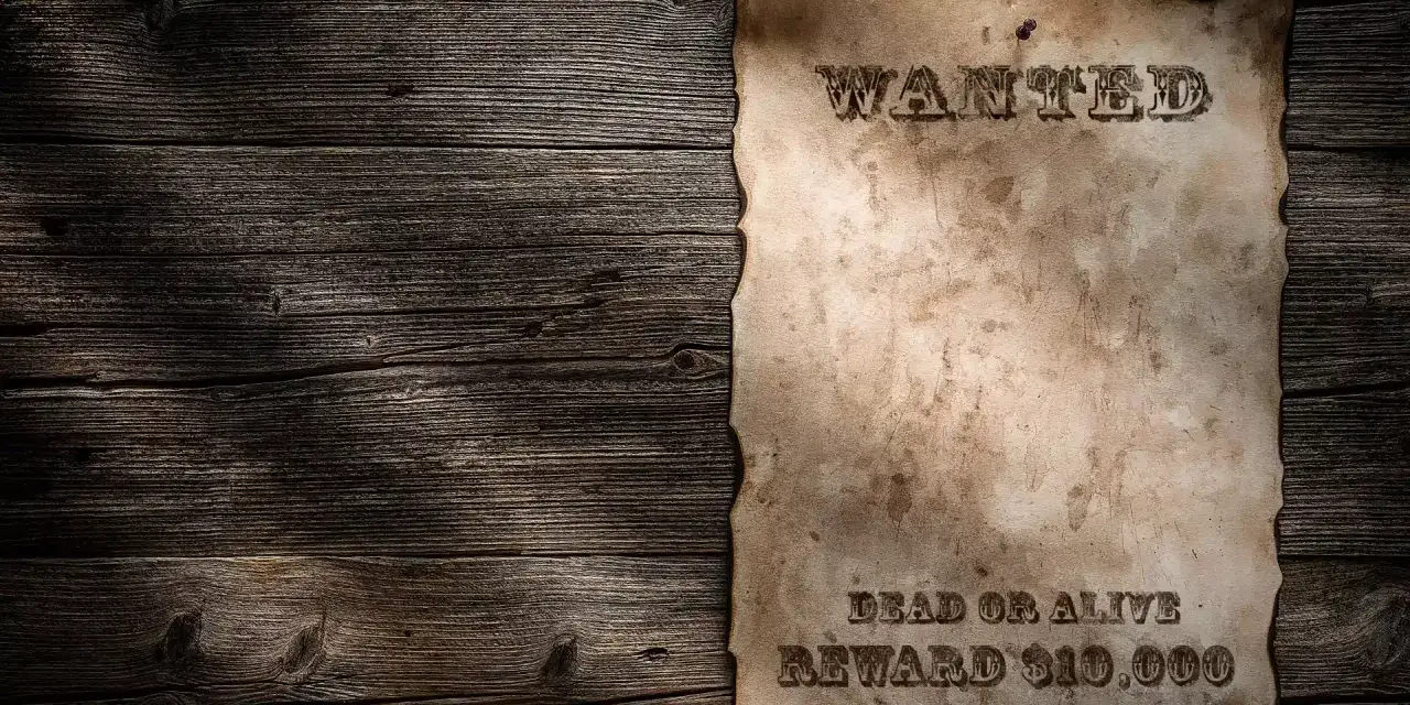 Stary, zniszczony list gończy wzór na drewnianej ścianie. "WANTED DEAD OR ALIVE REWARD $10,000".