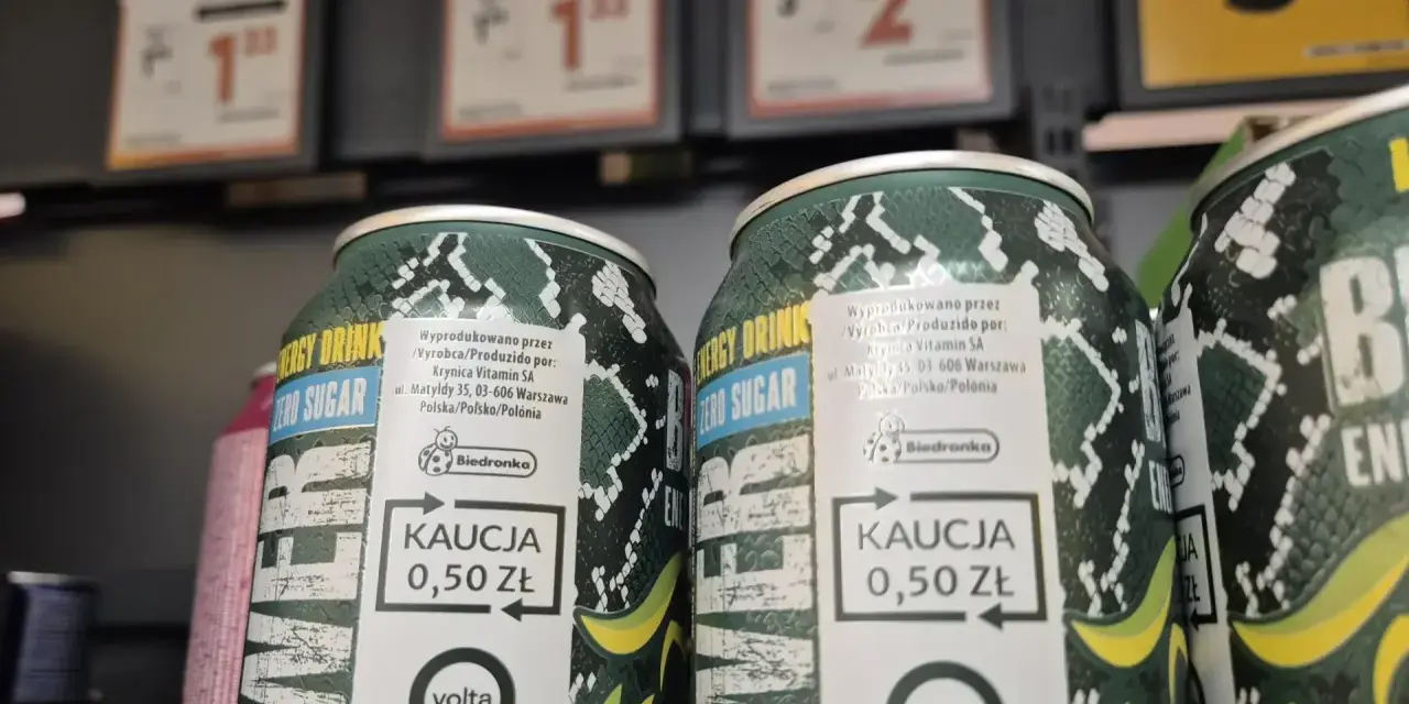 Puszki napoju energetycznego z napisem "Kaucja 0,50 zł". Nie daj się wciągnąć w więzienie długów, zwróć puszkę!