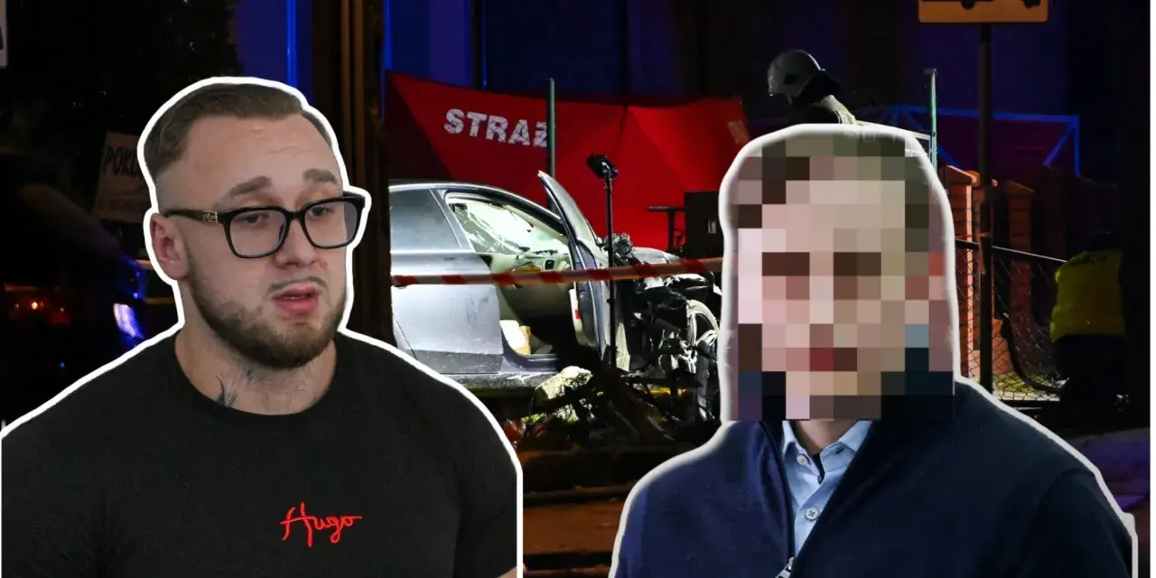 Mężczyzna w okularach i z tatuażami na szyi obok zniszczonego auta i strażaków. Scena sugeruje wypadek, za który można dostać dożywocie.