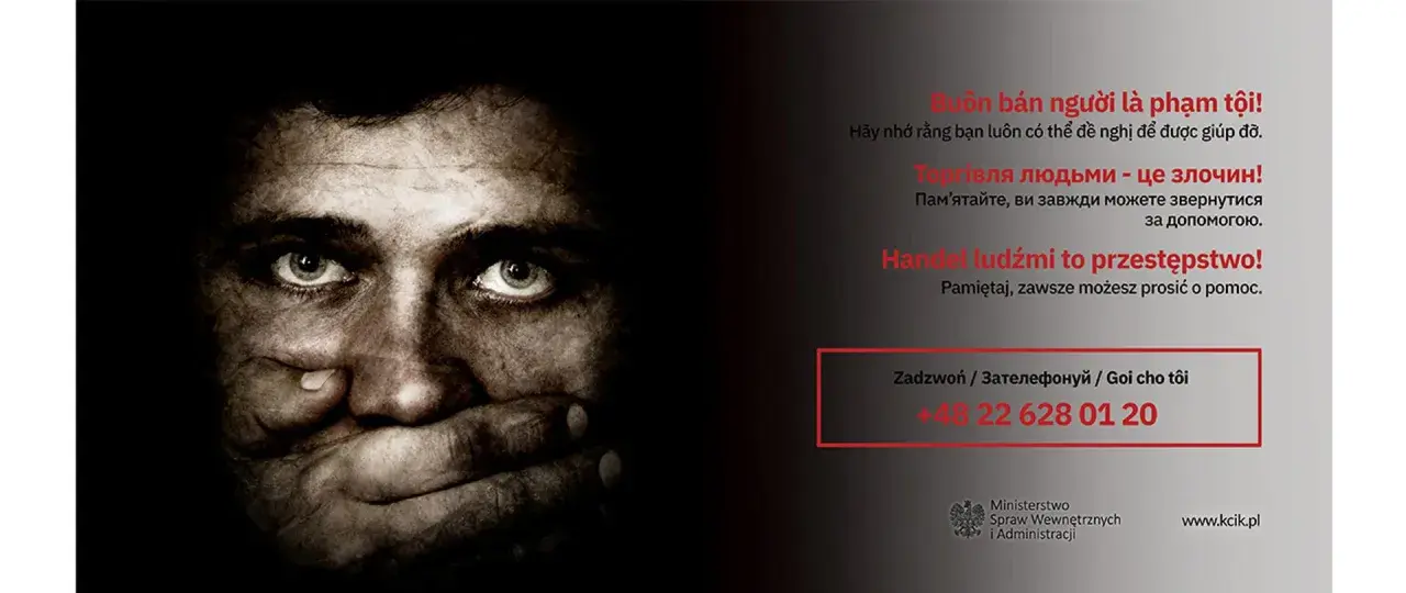 Twarz z zakrytymi ustami. Handel ludźmi to przestępstwo. Zadzwoń +48 22 628 01 20.