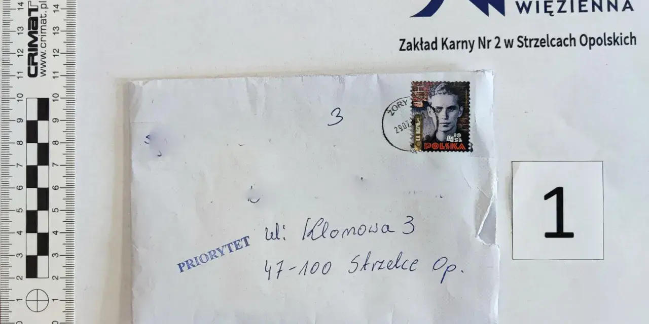 Koperta z adresem Zakładu Karnego Nr 2 w Strzelcach Opolskich. Czas dostarczenia listu zależy od priorytetu.