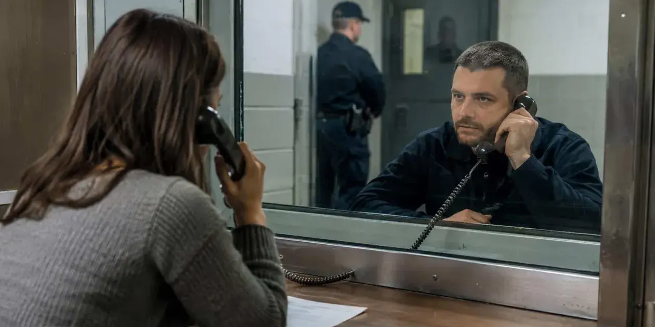Kobieta rozmawia przez telefon z tymczasowo aresztowanym. Strażnik stoi w tle.
