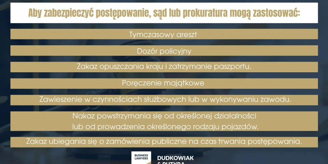 Środki zapobiegawcze: areszt, dozór, zakaz opuszczania kraju, poręczenie majątkowe, zawieszenie w czynnościach, nakaz powstrzymania się od działalności, zakaz ubiegania się o zamówienia publiczne. To wszystko wpływa na prawo do obrony.