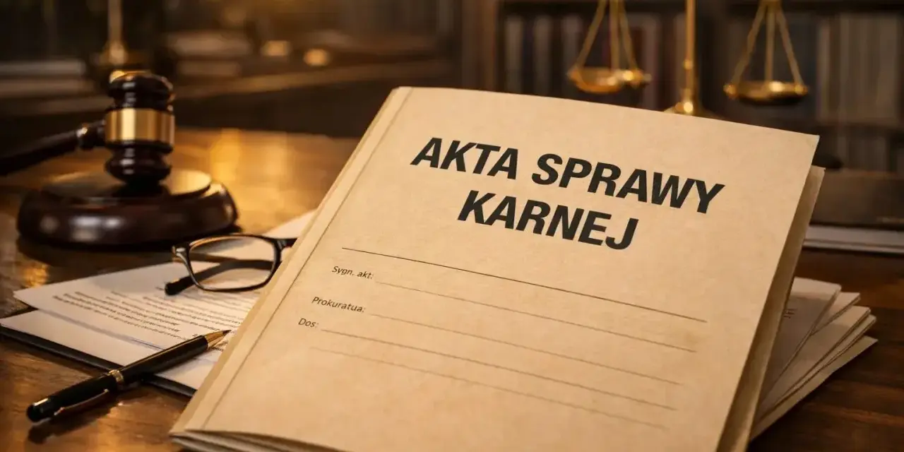 Akta sprawy karnej na biurku prawnika, obok młotka sędziowskiego i okularów. Może to być sprawa, która zakończy się warunkowym umorzeniem postępowania.