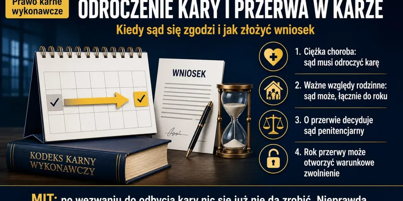 Wniosek o przerwę w karze: kalendarz, dokument, klepsydra i Kodeks Karny Wykonawczy. Sąd rozpatrzy chorobę, rodzinę i inne okoliczności.