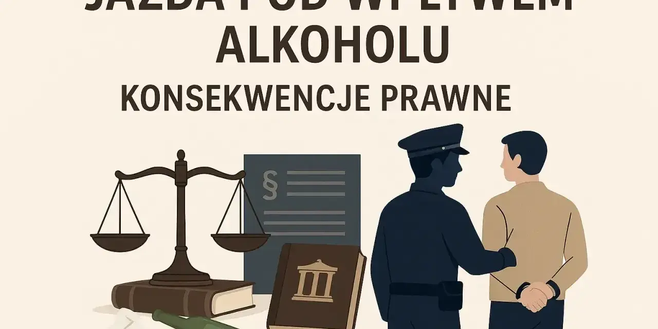 Policjant prowadzi pijanego kierowcę. W tle waga sprawiedliwości, kodeksy i butelka. Konsekwencje prawne jazdy pod wpływem alkoholu, art. 178a kk.