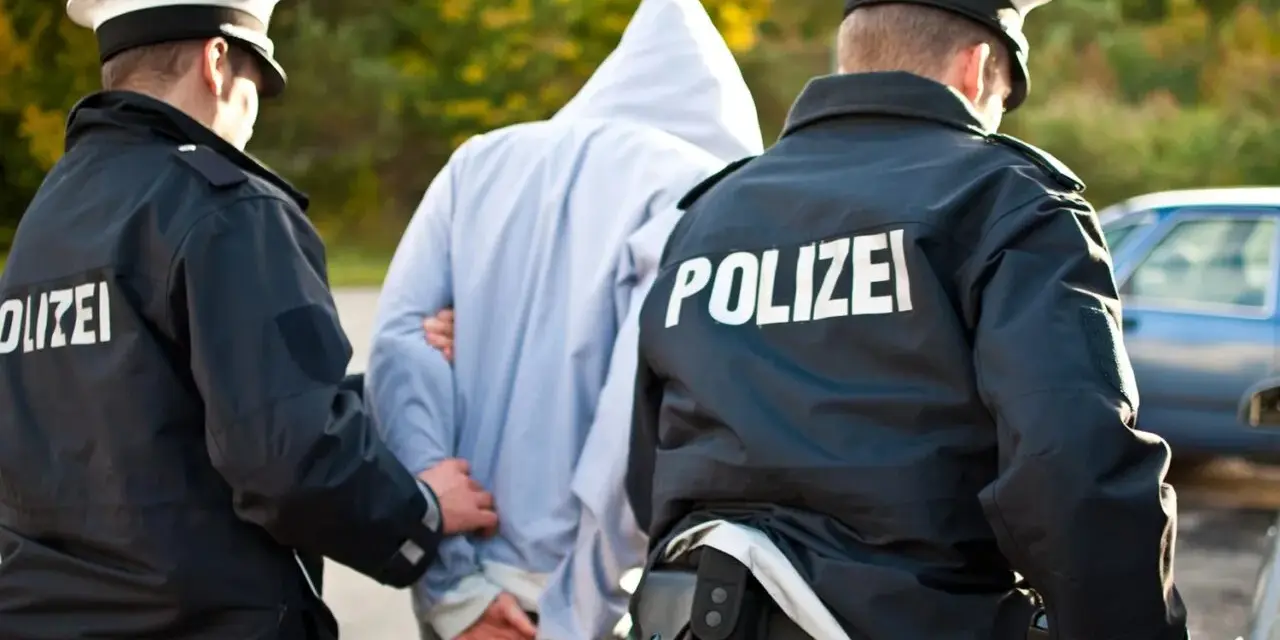 Dwóch policjantów w mundurach z napisem "POLIZEI" prowadzi zatrzymanego mężczyznę w kapturze. Zastanawiasz się, ile trwa areszt w Niemczech?