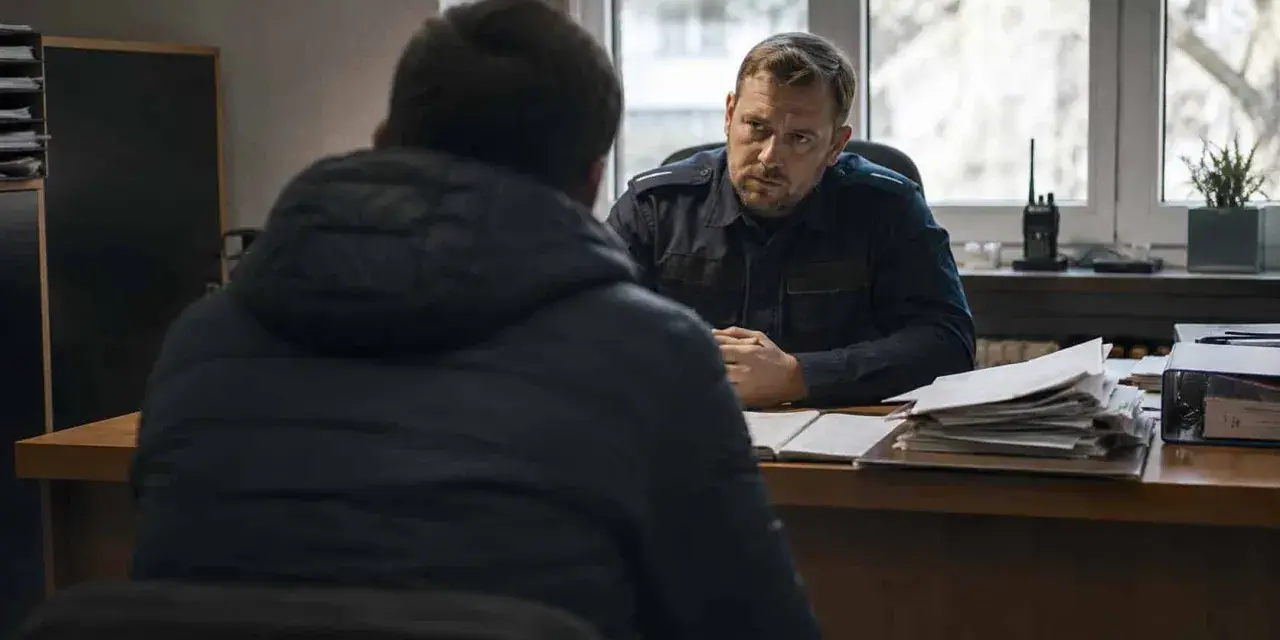 Policjant w mundurze rozmawia z mężczyzną w kurtce. Na biurku stosy dokumentów, jakby przygotowywano komentarz do art. 284 par. 2 kk.