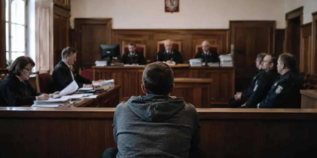 Młody mężczyzna w szarej bluzie siedzi tyłem do widza, w sali sądowej. Jest małym świadkiem koronnym, otoczonym przez sędziów i policjantów.