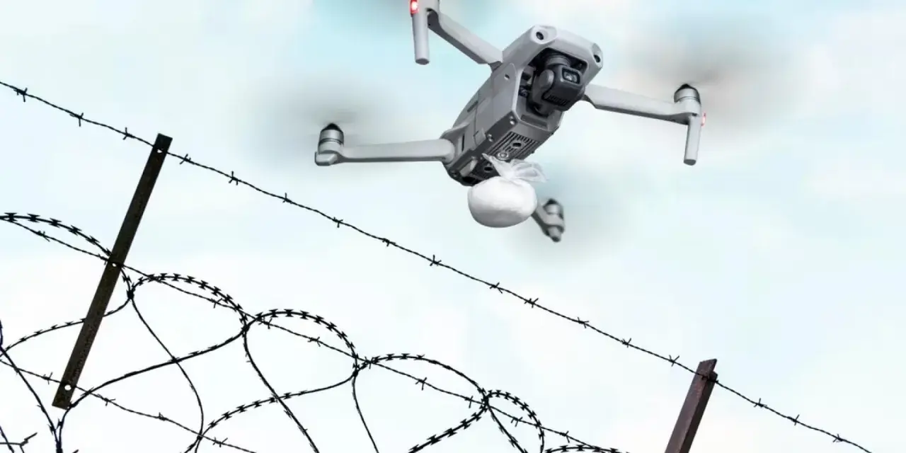 Dron z paczką przelatuje nad drutem kolczastym, niczym rakieta do więzienia dostarczająca przesyłkę.