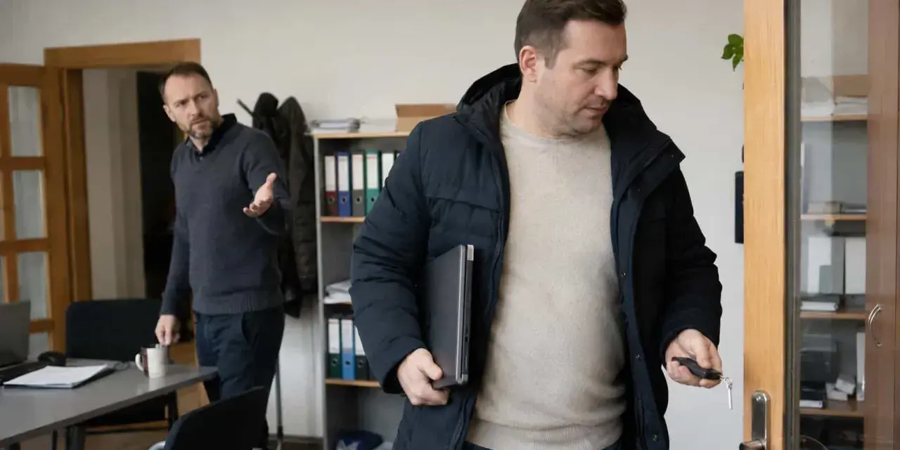 Mężczyzna wychodzi z biura z laptopem pod pachą, trzymając kluczyki. Jego kolega gestykuluje, sugerując przywłaszczenie mienia.