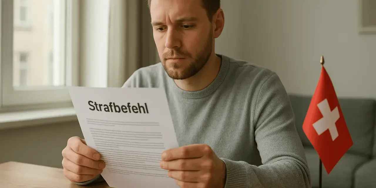 Mężczyzna czyta dokument "Strafbefehl", który może oznaczać karę grzywny. Obok stoi flaga Szwajcarii.