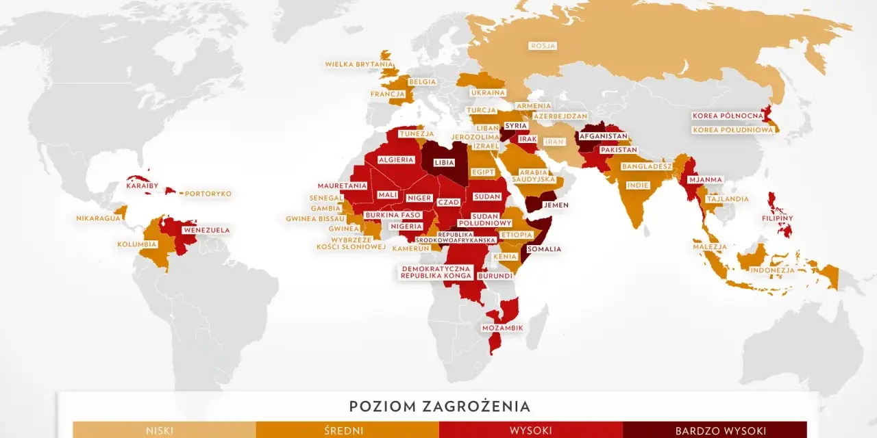 Mapa świata z zaznaczonymi krajami, gdzie nie ma ekstradycji. Kolory wskazują poziom zagrożenia: od niskiego (pomarańczowy) do bardzo wysokiego (czerwony).