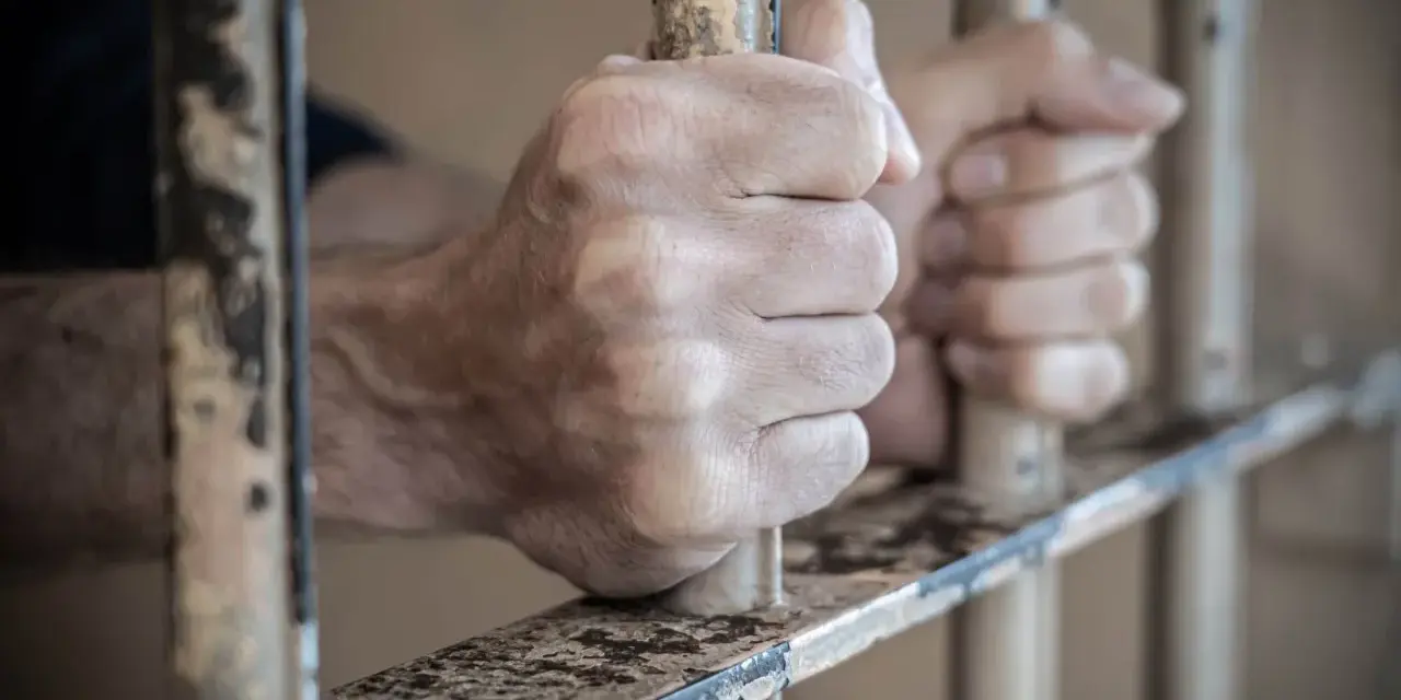 Dłonie zaciskają się na kratach aresztu śledczego. Widok zza prętów.