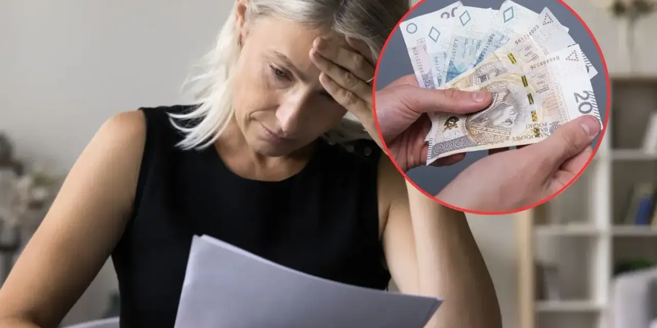 Zmartwiona kobieta z dokumentami i ręką trzymającą pieniądze, sugerujące problemy z przestępstwami podatkowymi.