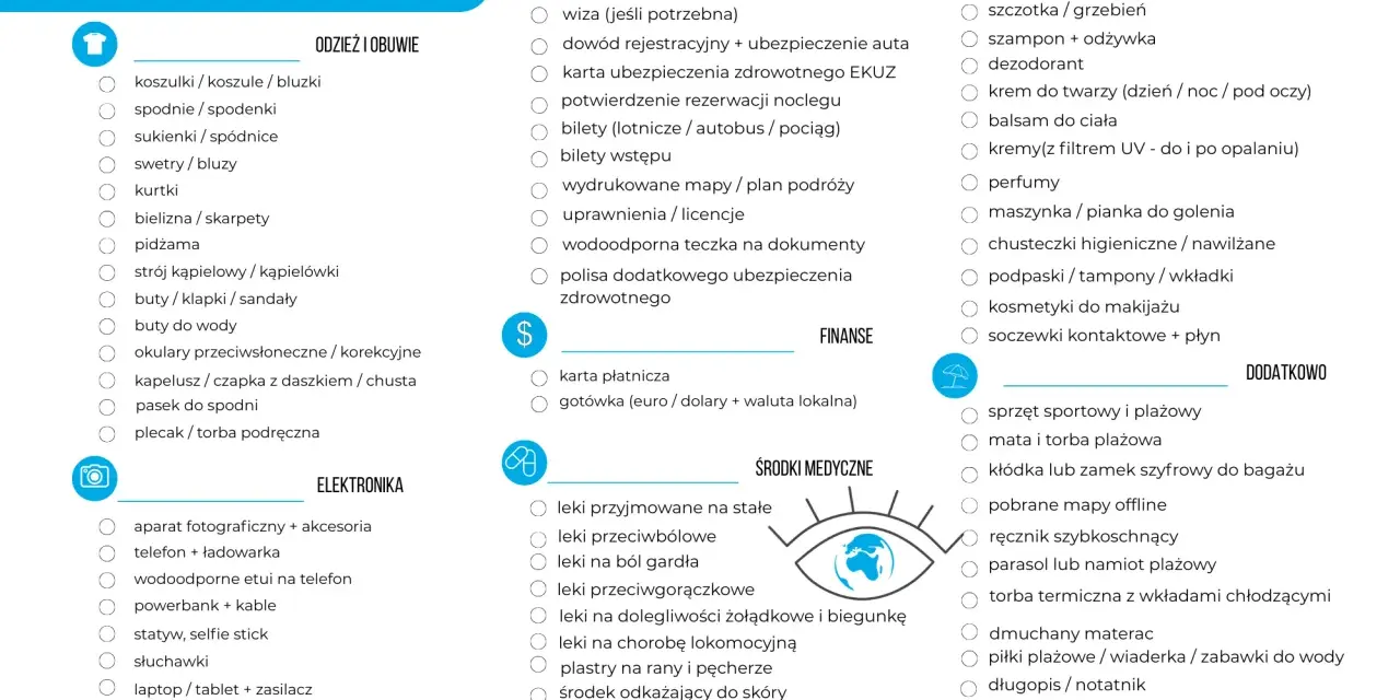 Lista rzeczy do więzienia: odzież, obuwie, dokumenty, przybory toaletowe, leki, elektronika, finanse, rzeczy dodatkowe.