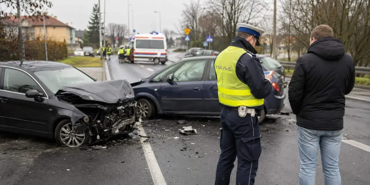 Policjant spisuje notatki po wypadku drogowym. Uszkodzone samochody, art. 177 kk.