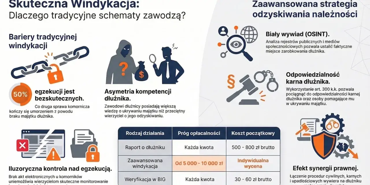 Oskarżony nie płaci zadośćuczynienia? Grafika pokazuje bariery w windykacji i zaawansowane strategie odzyskiwania należności, w tym odpowiedzialność karną dłużnika.