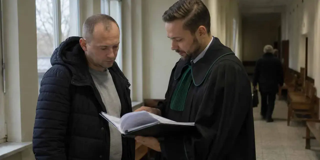 Prawnik w todze pokazuje klientowi dokumenty. Rozmawiają o wniosku o naprawienie szkody kpk.