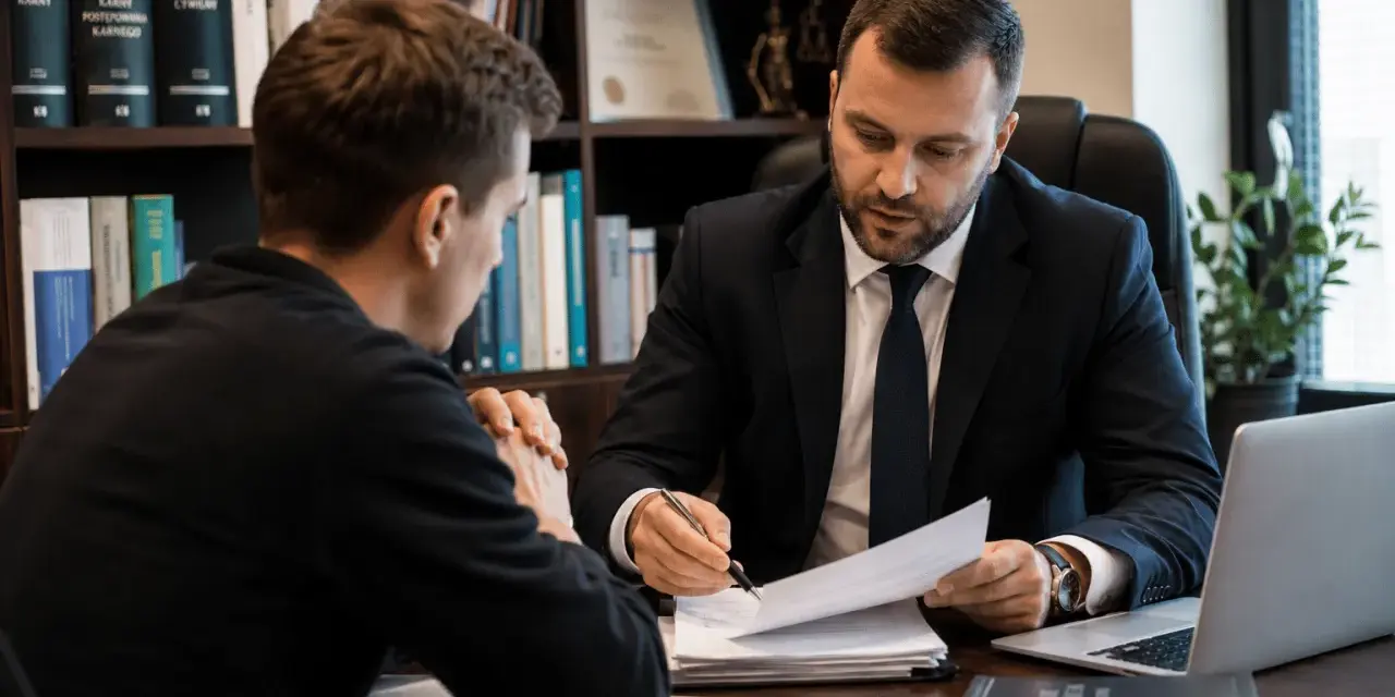 Prawnik w garniturze omawia dokumenty z klientem. Na półkach w tle widać kodeksy. Klient, jak nieświadomy słup, słucha uważnie.