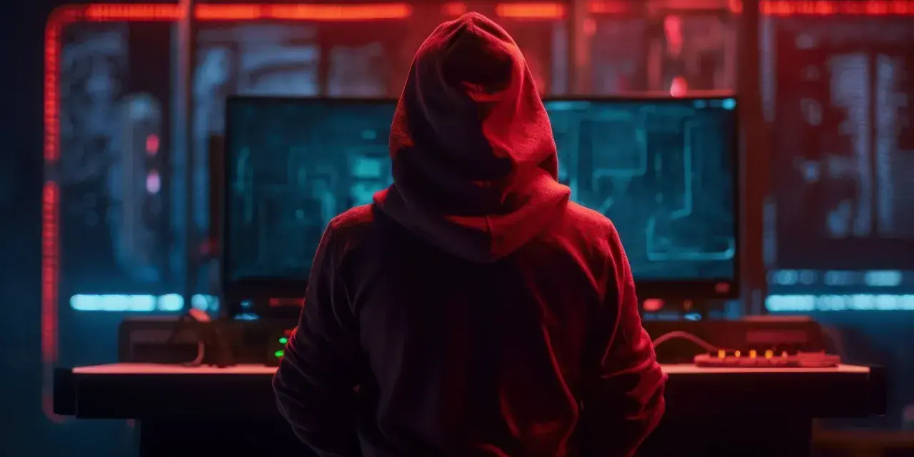 Osoba w czerwonej bluzie z kapturem siedzi przed monitorami, na których widać kod. W tle migoczą czerwone i niebieskie światła. To może być scena z filmu o hakerach, gdzie 130 kk to być może liczba danych lub zaszyfrowanych informacji.