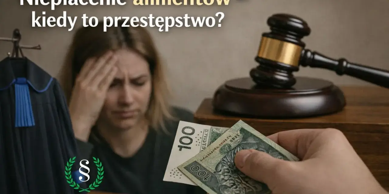 Niepłacenie alimentów może być przestępstwem z art. 209 par. 1 kk. Sądowy młotek, szaty prawnicze i pieniądze symbolizują konsekwencje prawne.