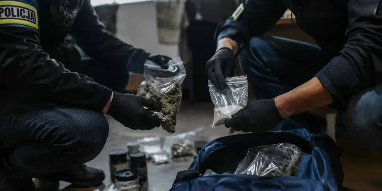 Policjanci w rękawiczkach pokazują zabezpieczoną znaczną ilość narkotyków w woreczkach. W tle torba i inne pojemniki.