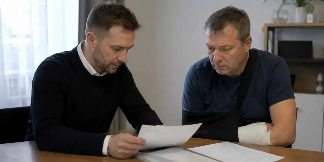 Mężczyzna z ręką w temblaku i bandażu analizuje dokumenty. Prawdopodobnie przygotowuje wniosek o zadośćuczynienie.
