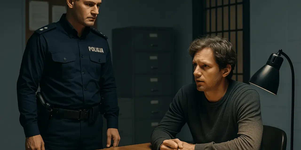 Policjant w mundurze stoi nad mężczyzną siedzącym przy biurku w pokoju przesłuchań. Mężczyzna wygląda na zamyślonego, a policjant na niego patrzy. To typowy dołek policyjny.