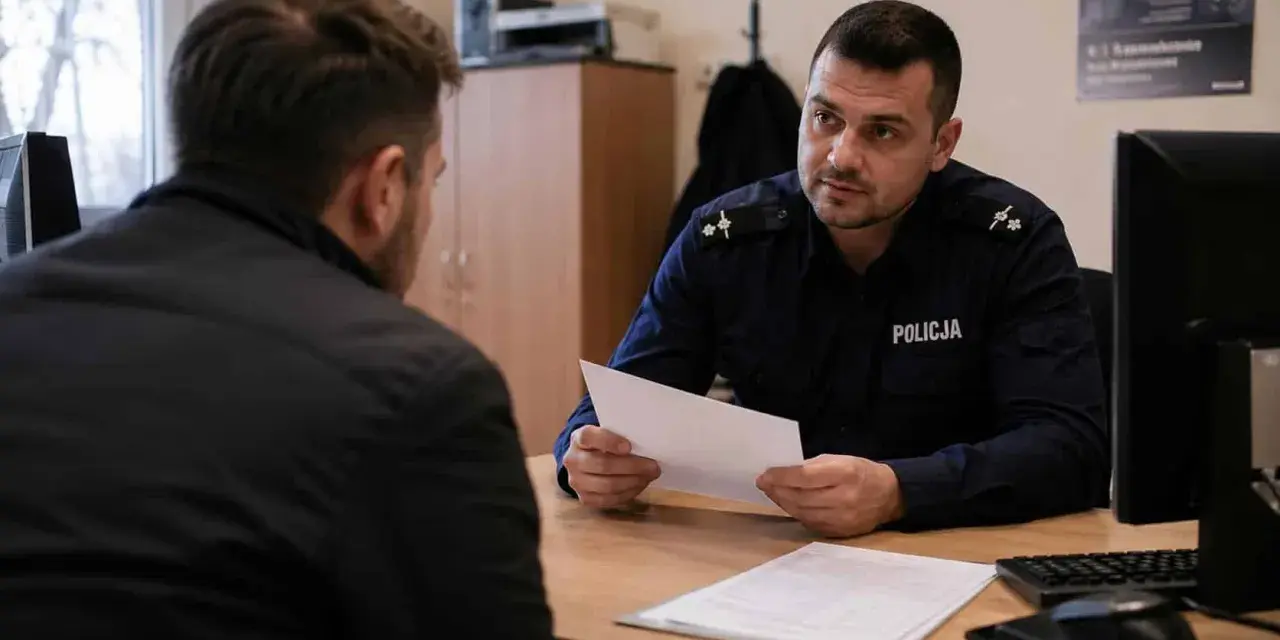 Policjant rozmawia z mężczyzną, trzymając dokumenty. Prawdopodobnie dotyczy to wniosku o zmianę miejsca dozoru policyjnego.