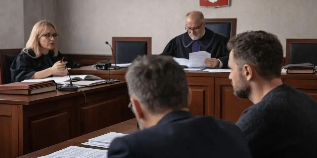 W sali sądowej trwa posiedzenie aresztowe. Sędzia w todze przegląda dokumenty, obok siedzi prokuratorka, a przed nimi mężczyźni w garniturach.