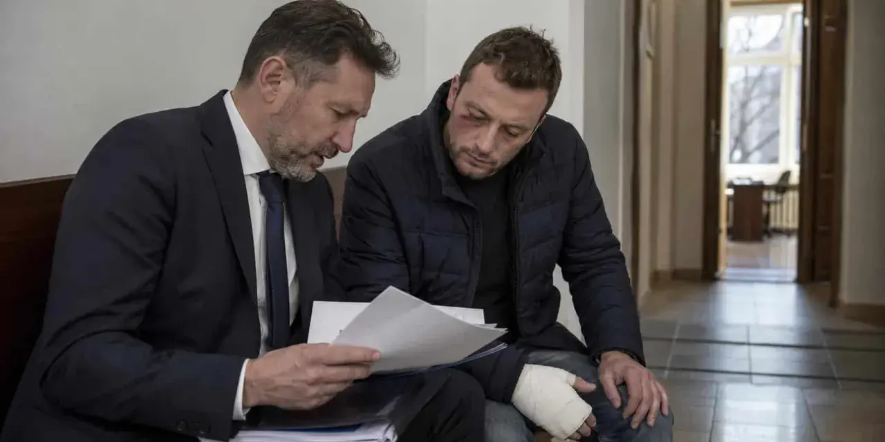 Prawnik omawia z poszkodowanym mężczyzną dokumenty dotyczące artykułu 157 paragraf 2 kodeksu karnego. Mężczyzna ma widoczne obrażenia.
