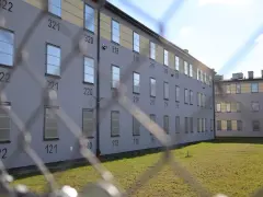 Widok na budynek z oknami cel, na ścianie numery cel. W oddali widać trawnik i niebo. Prycza w celi to miejsce, gdzie spędza się czas.