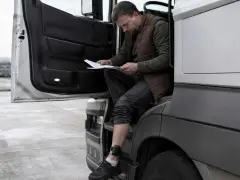 Kierowca z opaską na nodze, symbolizującą zatrudnienie pracownika z dozorem elektronicznym, czyta dokumenty przy kabinie ciężarówki.