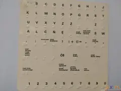 Tablica z alfabetem Braille'a, przedstawiająca litery, cyfry i znaki interpunkcyjne.