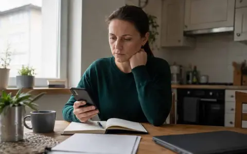 Kobieta zamyślona patrzy na telefon, zastanawiając się, czy grożenie sądem jest karalne. Na stole notatnik i kubek kawy.