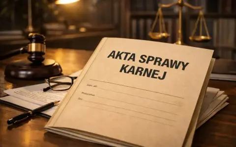 Akta sprawy karnej na biurku prawnika, obok młotka sędziowskiego i okularów. Może to być sprawa, która zakończy się warunkowym umorzeniem postępowania.