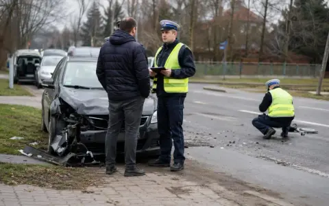 Policjant spisuje zeznania po wypadku. Uszkodzony samochód i ślady na drodze wskazują na poważne zdarzenie, które może skutkować karą za spowodowanie wypadku z uszczerbkiem na zdrowiu.