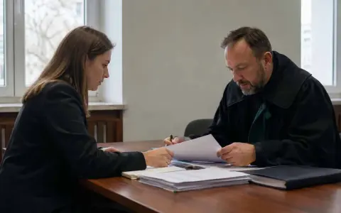 Adwokat w todze i kobieta analizują dokumenty. Stawiennictwo nieobowiązkowe na rozprawie karnej wymaga przygotowania.