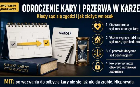 Wniosek o przerwę w karze: kalendarz, dokument, klepsydra i Kodeks Karny Wykonawczy. Sąd rozpatrzy chorobę, rodzinę i inne okoliczności.